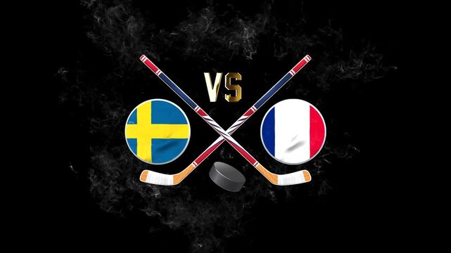 Sweden vs France hockey match concept with crossed hockey sticks, puck, and national flags on a dark background