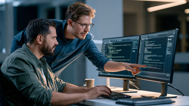 Two software engineers reviewing technical update at desktop workstation showcasing AI assisted code review and collaborative problem solving