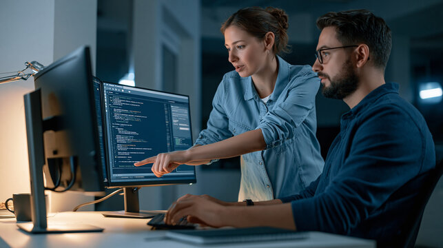 Two software engineers reviewing technical update at desktop workstation showcasing AI assisted code review and collaborative problem solving
