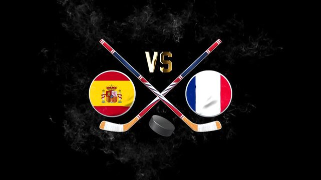 Spain vs France hockey match concept with crossed hockey sticks, puck, and national flags on a dark background