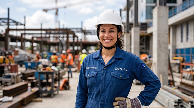 Construction worker wearing blue coveralls and hard hat on site with diverse crew in background. Construction scene features active teamwork, tools, and machinery essential for building projects.