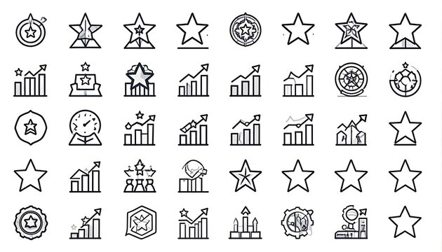 Collection of outlined icons depicting achievement, growth, and stars, ideal for business success and recognition concepts