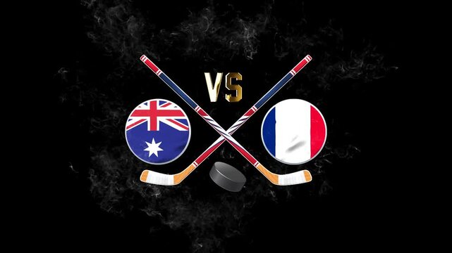 Australia vs France hockey match concept with crossed hockey sticks, puck, and national flags on a dark background