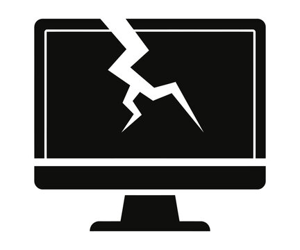 Broken computer monitor cracked screen display vector icon silhouette