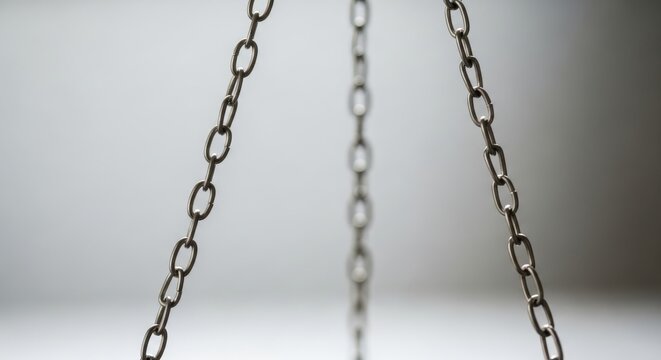 Three metallic chains suspended from above creating a triangular formation symbolizing connection strength and confinement against a diffused light backdrop perfect for conceptual representation.