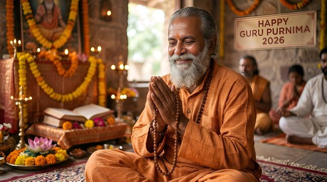 Wise Guru Meditating, Praying Hands, Guru Purnima Festival Celebration India
