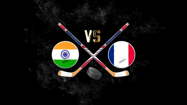 India vs France hockey match concept with crossed hockey sticks, puck, and national flags on a dark background