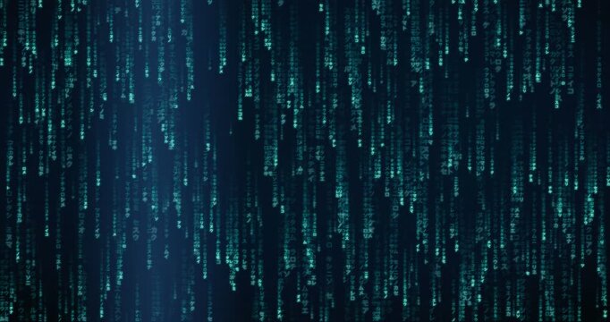Dense Japanese katakana code streams down in a teal circuit animation, creating a deep tunnel effect.