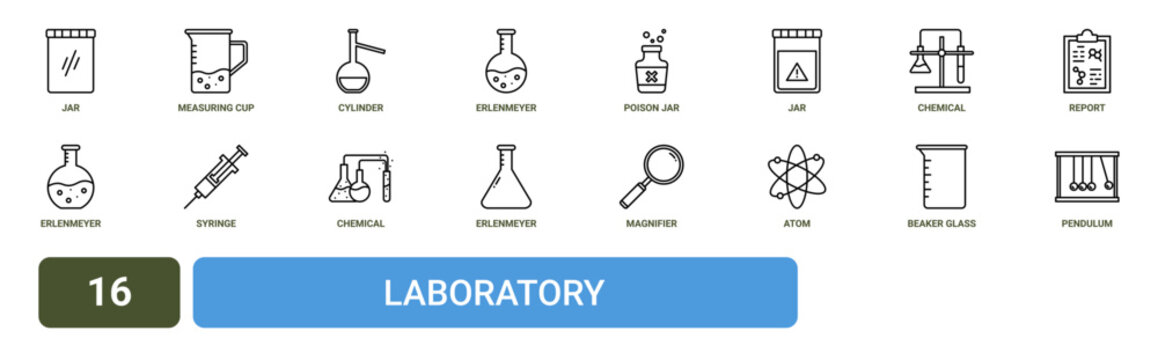 Set of 16 outline web Laboratory icons such as pendulum, beaker glass, atom, magnifier, erlenmeyer flask, chemical reaction, syringe vector icons for report, presentation, diagram, web design,