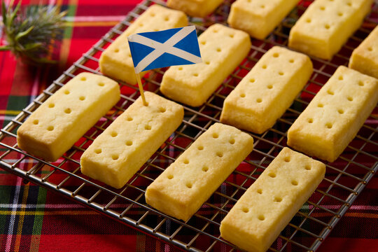 Premium Scottish shortbread with Scottish flag and tartan details. Perfect for food photography, holiday campaigns, St. Andrew's Day promotions and culinary branding.