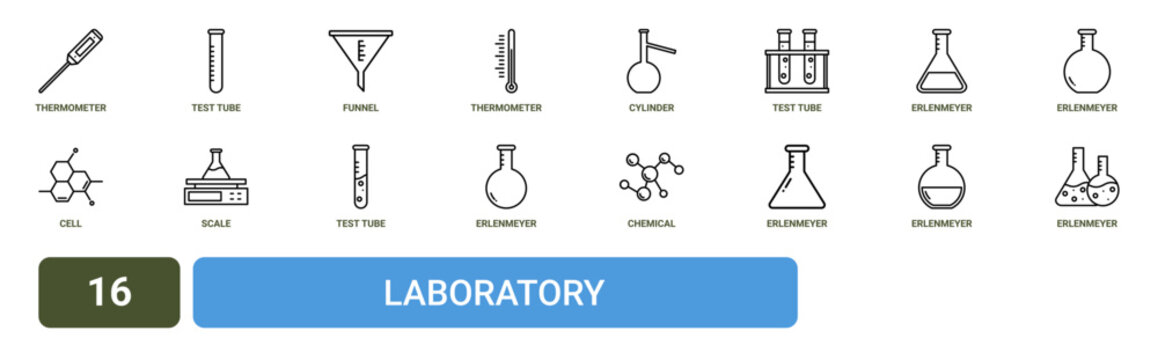Set of 16 outline web Laboratory icons such as erlenmeyer flask, erlenmeyer flask, erlenmeyer flask, chemical, test tube, scale vector icons for report, presentation, diagram, web design, mobile app