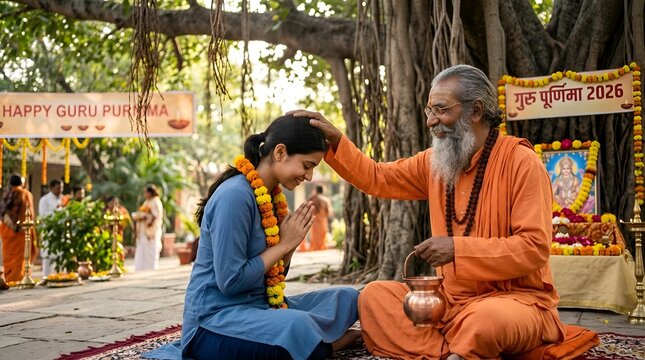 Guru blessing student, Guru Purnima celebration, India, traditional, spiritual