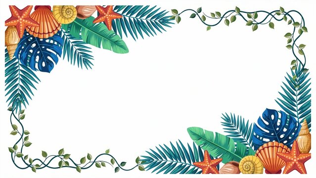 Tropical leaves and seashell border frame, isolated on white background