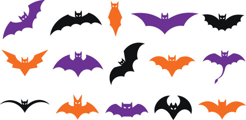 Naklejka premium Halloween bat silhouettes flying in night sky. Spooky vector icons for party decor and festive designs.