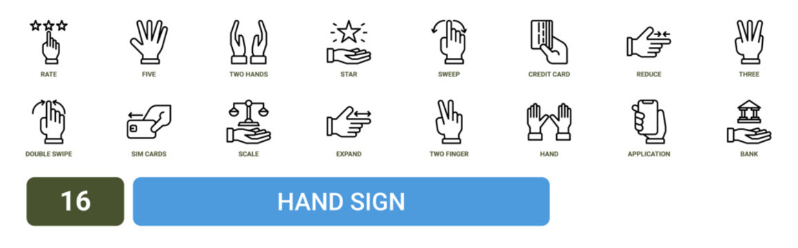 Set of 16 outline web Hand Sign icons such as bank, application, hand, two finger, expand, scale, sim cards vector icons for report, presentation, diagram, web design, mobile app