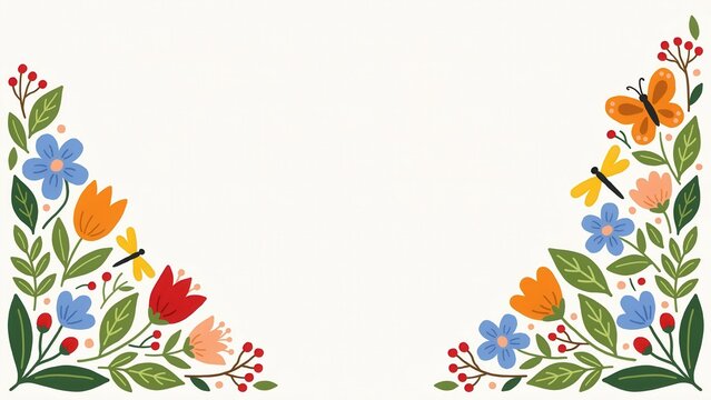 Floral corner frame with spring flowers, butterflies, and dragonflies, isolated on white background.