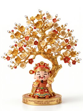 Masterpiece luxury chibi prosperity mascot standing under a golden plum blossom tree featuring metallic branches ceramic flowers crystal buds premium collectible toy figurine on white background

