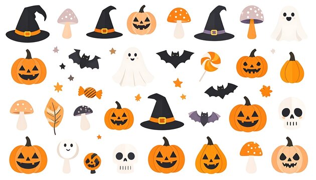 Collection of pixel art halloween icons, pumpkins, witches hats, ghosts, bats, mushrooms, and candy, retro game style elements