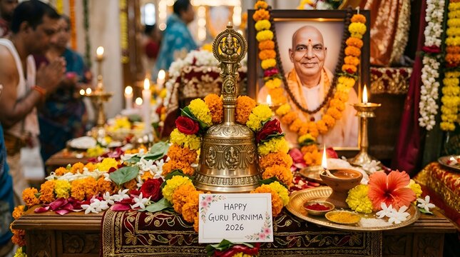 Guru Purnima Celebration Altar with Portrait, Flowers, and Bell