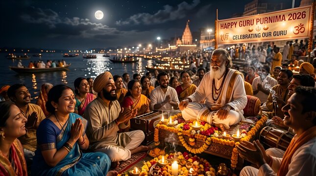 Guru Purnima Celebration: Devotees Gather Around Enlightened Guru by Ganges River