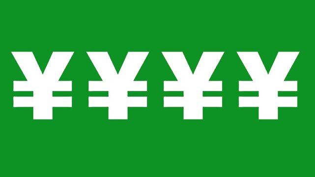 Animated yen currency symbols appearing on solid green background as financial motion graphic.