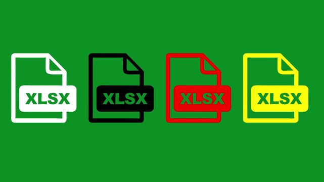 Animated set of various colors of XLSX file icons, an excel spreadsheet document file format, on a green screen background.