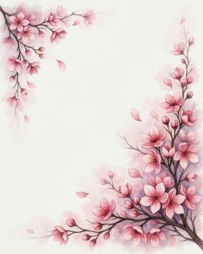 Watercolor pink cherry blossom branches border isolated on white background