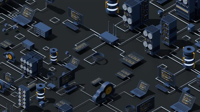 3D isometric data network management animation. Cloud storage data and synchronization of devices. Networking, database, cloud storage. Isometric technology. 4K video animated in isometric style