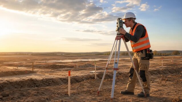 Male Land Surveyor Operating Total Station On Tripod In Open Construction Field At Sunset