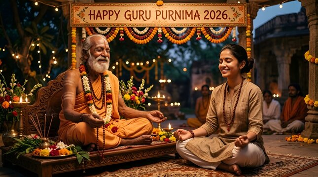 Guru Purnima Celebration: Elder Guru and Student Meditate in Traditional Setting