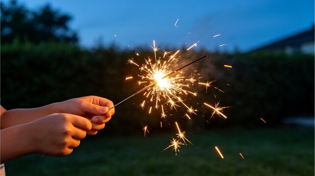 Child Hand Holding Bright Burning Sparker Firework at Twilight Outdoors
