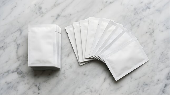 Blank white sachets for cosmetic product packaging on marble background