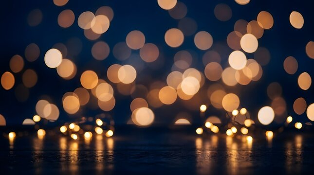 A beautiful abstract background featuring glowing golden bokeh lights reflecting on a dark surface creating a festive and magical atmosphere