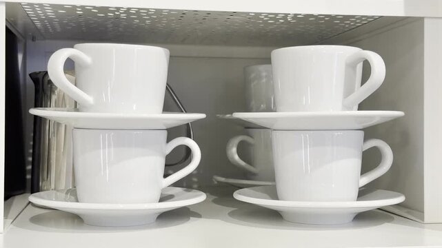 White coffee cups and saucers stacked neatly on a kitchen shelf inside a cabinet, simple tableware for home storage and everyday use