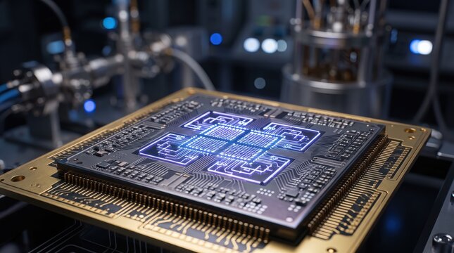 Close-up of advanced quantum computer processor chip with glowing circuits, high-tech hardware for artificial intelligence and data processing in laboratory setting