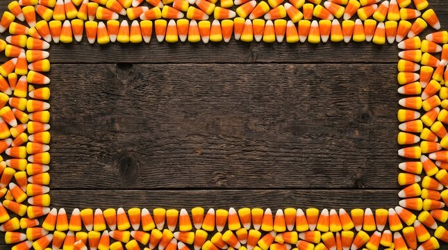A rectangular frame made of colorful candy corn pieces arranged on a dark rustic wooden background for a festive autumn holiday