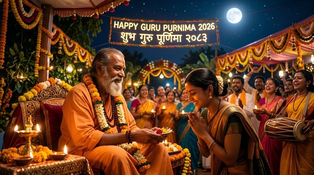Guru Purnima Festival Celebration with Devotees Bowing to Spiritual Leader