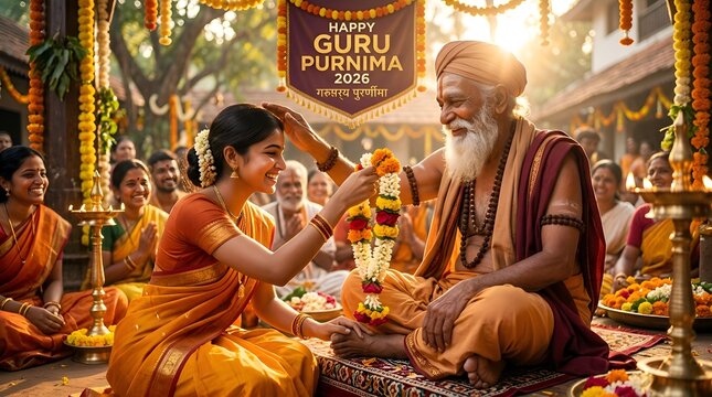 Guru Purnima Celebration: Young Woman Honors Elder Guru with Garland