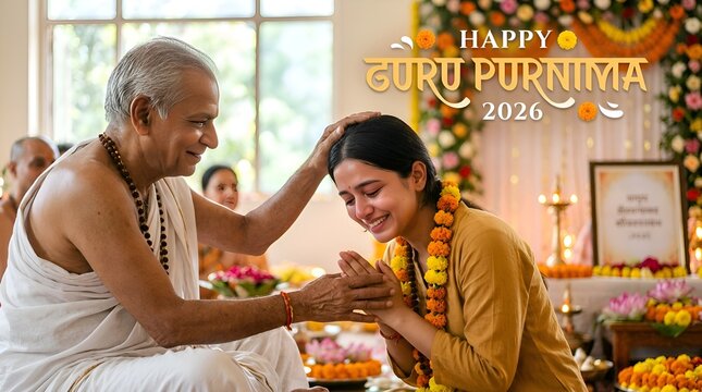 Guru Purnima spiritual blessing, elder blesses young woman with flower garland