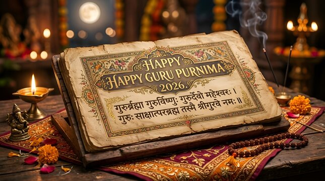 Happy Guru Purnima 2026: Sacred Book, Incense, Prayer Beads, Festive Atmosphere