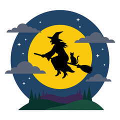 Fototapeta premium Witch and cat silhouette flying past full moon
