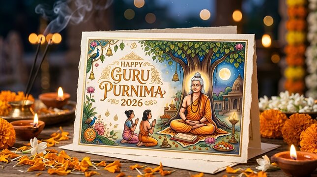 Happy Guru Purnima Greeting Card with Spiritual Scene and Marigold Flowers