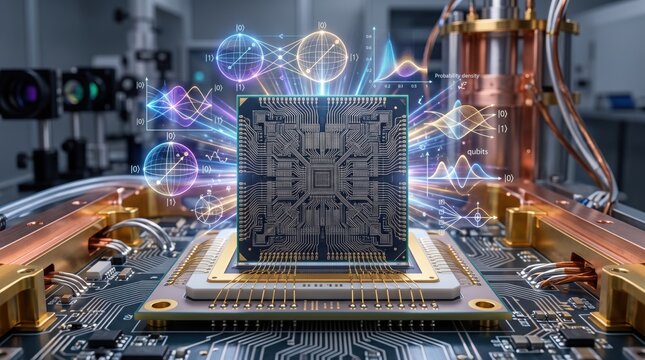 Futuristic quantum computing processor chip with glowing qubits, probability density graphs, and holographic data visualization technology