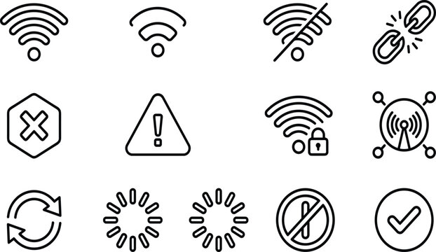 Wireless Network Connectivity and Status Line Icon Set Featuring WiFi Signal, Security, Warning, Loading, Refresh, Synchronization, and Connection Symbols