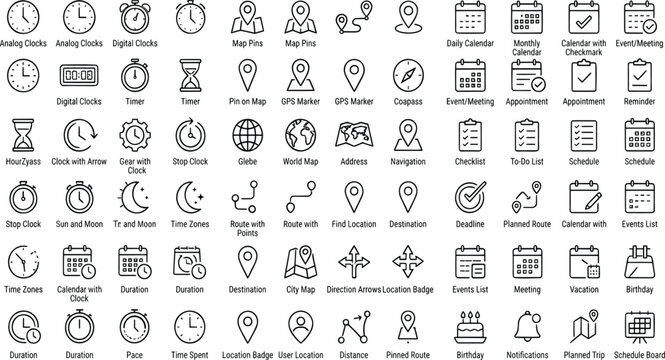 Minimalist line icons for time and location, 60 vector elements for schedule and navigation, black outline calendar and map symbols for web design