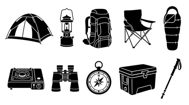 Camping equipment vector silhouette set featuring tent, lantern, backpack, folding chair, sleeping bag, stove, binoculars, compass, cooler box, and trekking pole on white background