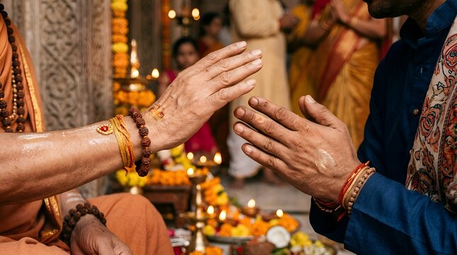 Indian spiritual ritual, hands blessing in Hindu puja ceremony with diyas and marigolds