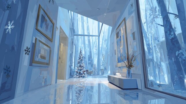 Pastel winter holiday interior featuring cubist design elements, sharp stylized trees, floating polygon snowflakes, and a soft dreamy ambiance with copy space for creative use