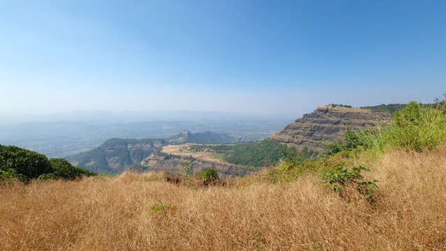 Panoramic Mountain Landscape from Prabalgad Fort in the Western Ghats Maharashtra India