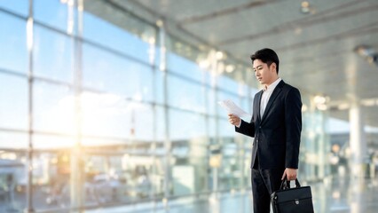 Fototapeta premium A businessman stands at the bustling airport terminal, holding a briefcase firmly in hand, while the sun rises beautifully in the background